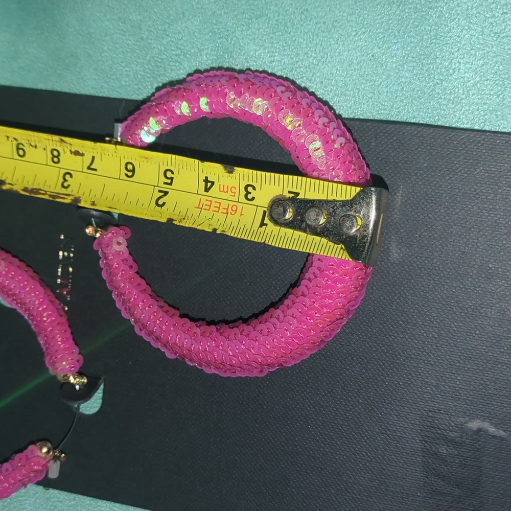Pink Sequined Hoop Earrings | 2.5" Statement Hoops new - Picture 4 of 6